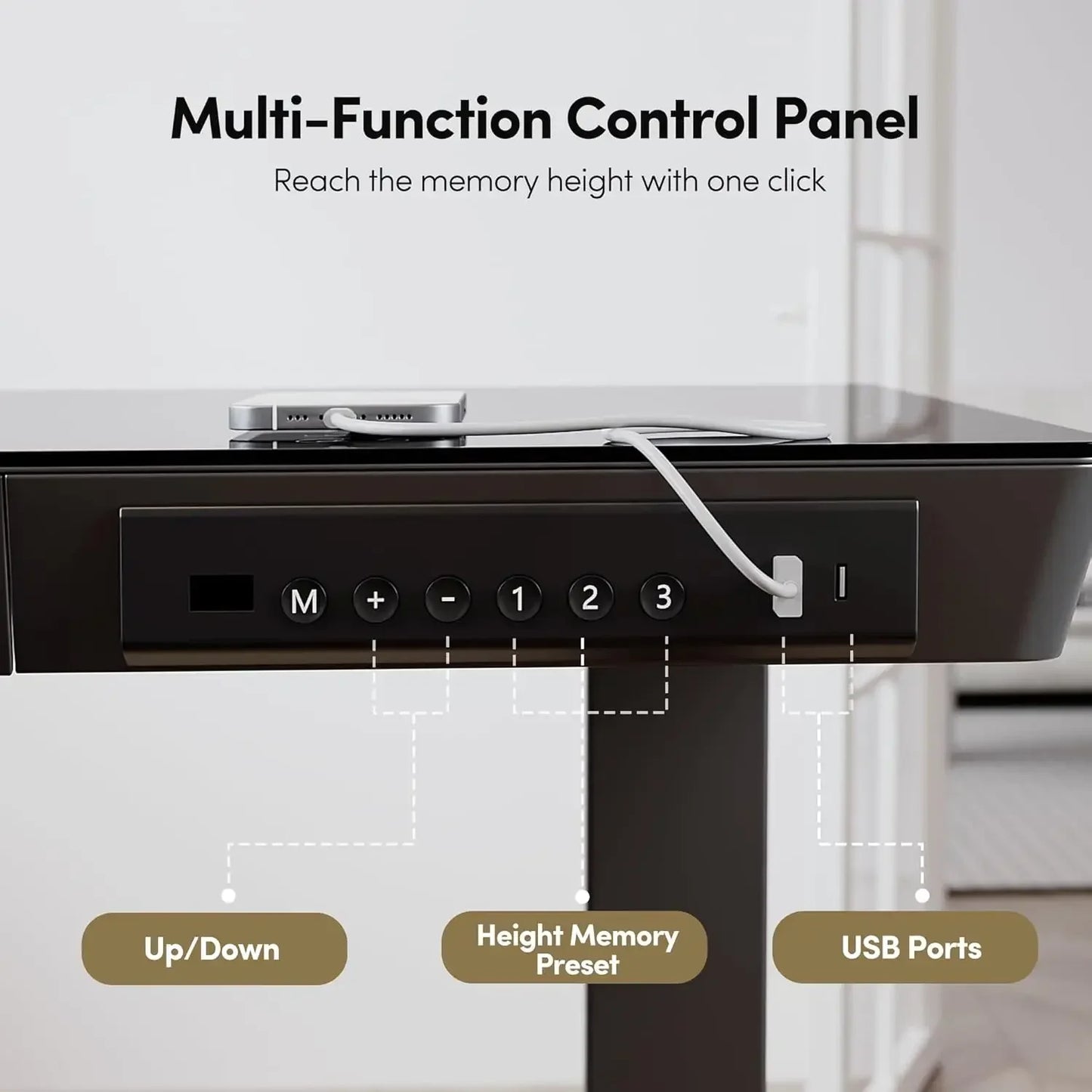 Mesa Ergonômica Elevatória Elétrica com Tampo de Vidro Inteiriço de 55" e Gavetas Integradas