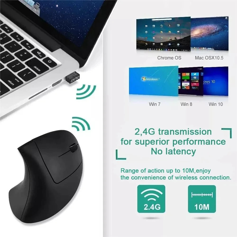 Mouse Vertical Ergonômico Sem Fio 2.4GHz – 6 Botões e DPI Ajustável para Notebook e PC