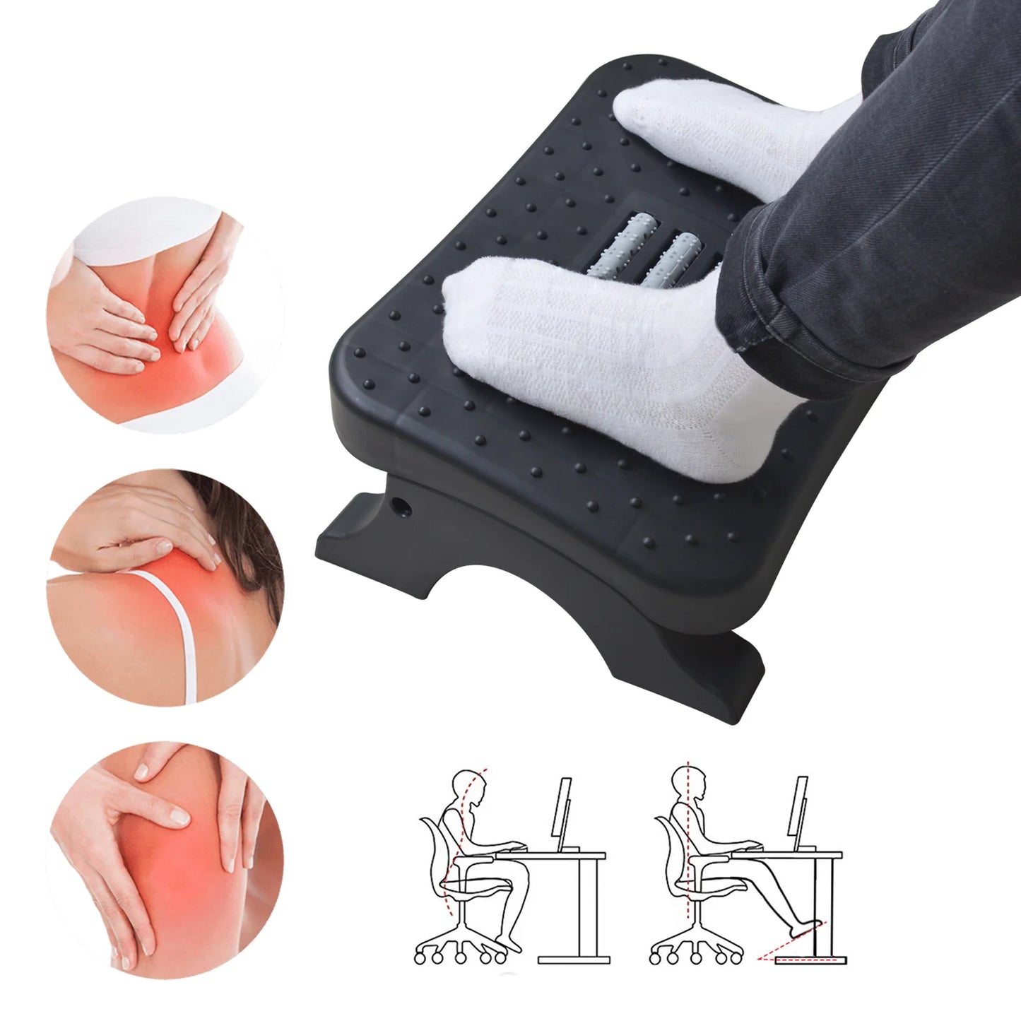 Apoio de Pés Ergonômico para Baixo da Mesa com Rolos de Massagem – Suporte Antiderrapante para Correção de Postura e Alívio de Dores