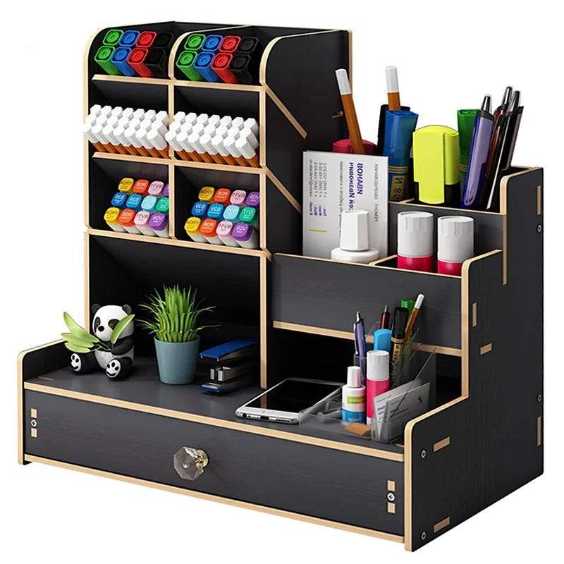 Organizador de Mesa em Madeira Modular DIY com Porta-Canetas e Gaveta Integrada
