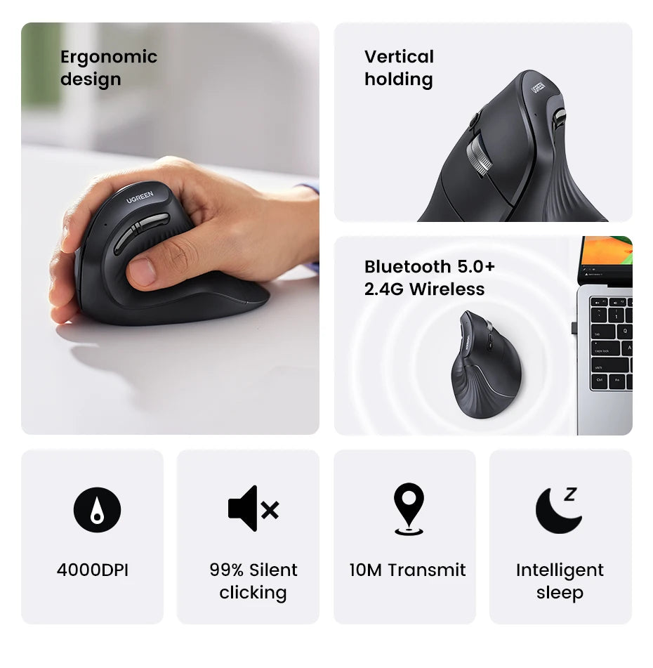 UGREEN — Mouse Vertical Ergonômico Sem Fio 4000 DPI