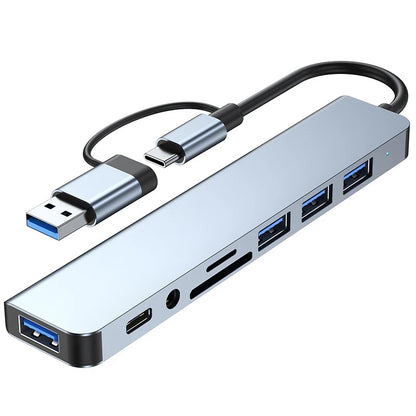 Hub Docking Station 8 em 2 USB + Type-C com Entrada de Áudio 3.5mm e Leitor de Cartão
