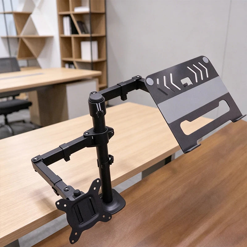 Suporte de Mesa Articulado para 2 Monitores e Notebook – Braço Totalmente Ajustável para Telas até 32" e Laptops até 17"
