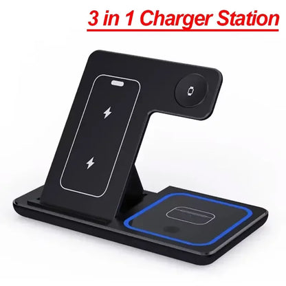 Carregador Sem Fio 3 em 1 Dobrável por Indução – Estação de Carga Rápida 15W para iPhone, Apple Watch e AirPods