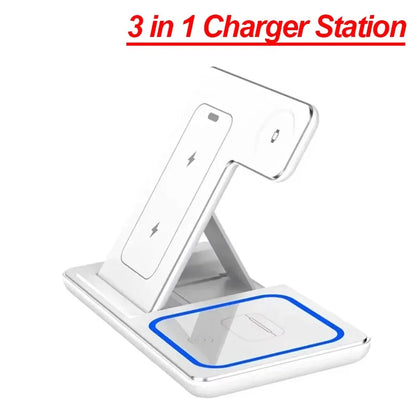 Carregador Sem Fio 3 em 1 Dobrável por Indução – Estação de Carga Rápida 15W para iPhone, Apple Watch e AirPods