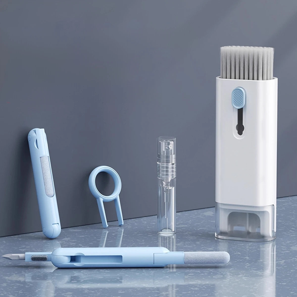 Kit de Limpeza Eletrônica 7 em 1 – Escova de Teclado, Extrator de Teclas e Caneta Higienizadora para Fones e Telas