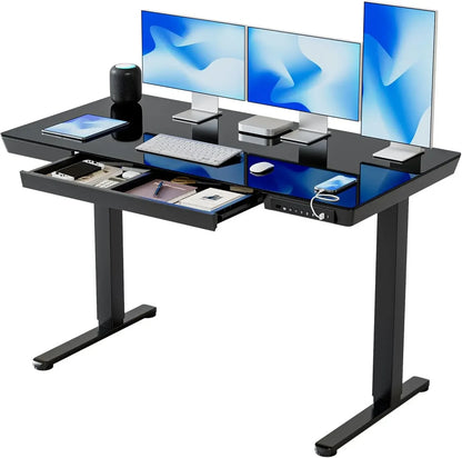 Mesa Ergonômica Elevatória Elétrica com Tampo de Vidro Inteiriço de 55" e Gavetas Integradas