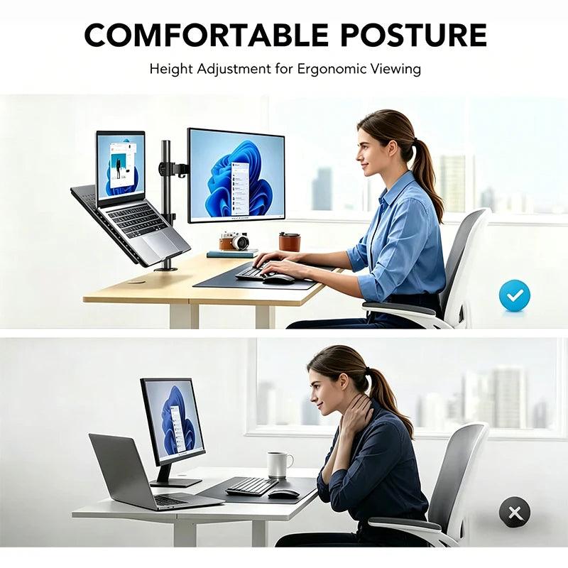 Suporte de Mesa Articulado para 2 Monitores e Notebook – Braço Totalmente Ajustável para Telas até 32" e Laptops até 17"