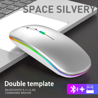 Mouse Sem Fio Dual Mode (Bluetooth + 2.4Ghz) Recarregável com Iluminação RGB e Teclas Silenciosas