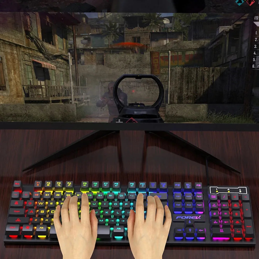 Kit Teclado Mecânico Gamer 104 Teclas Retroiluminado Rainbow e Mouse Com Fio – À Prova de Respingos