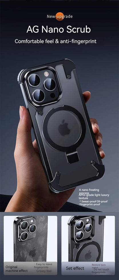 Capa Magnética Sem Bordas com Suporte em Liga de Alumínio para iPhone