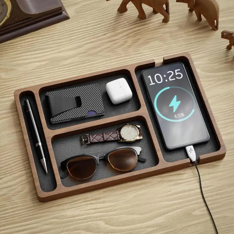 Organizador de Mesa Multifuncional em Madeira Maciça – Caixa Organizadora com Divisórias para Smartphone, Fones de Ouvido e Acessórios de Escritório