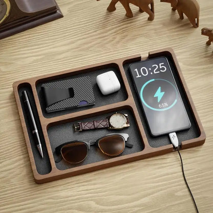 Organizador de Mesa Multifuncional em Madeira Maciça – Caixa Organizadora com Divisórias para Smartphone, Fones de Ouvido e Acessórios de Escritório