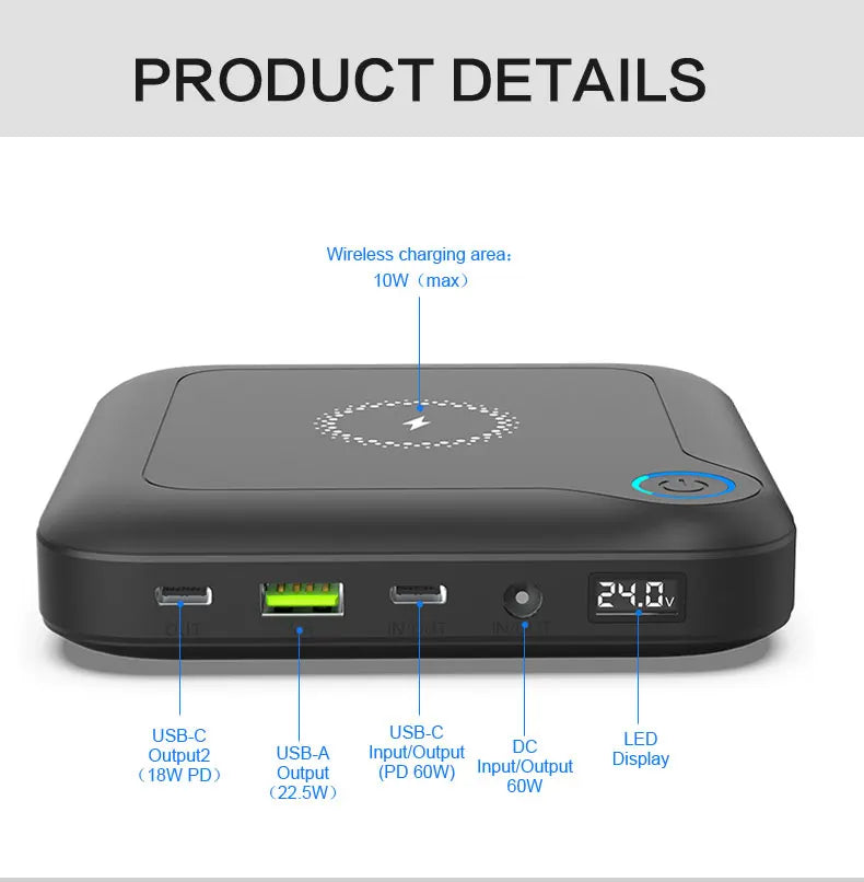 Power Bank EASYLONGER GP12 24000mAh DC 24V / USB-C PD 60W e Carregamento Sem Fio