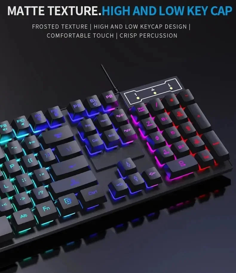 Kit Teclado Mecânico Gamer 104 Teclas Retroiluminado Rainbow e Mouse Com Fio – À Prova de Respingos