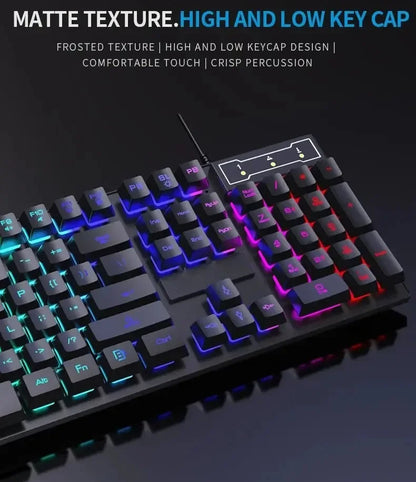 Kit Teclado Mecânico Gamer 104 Teclas Retroiluminado Rainbow e Mouse Com Fio – À Prova de Respingos