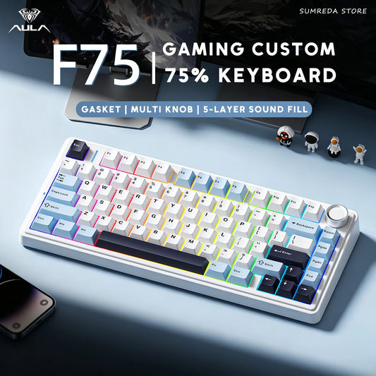 Teclado Mecânico Gamer AULA F75 75% RGB Hot-Swap Bluetooth 2.4G USB