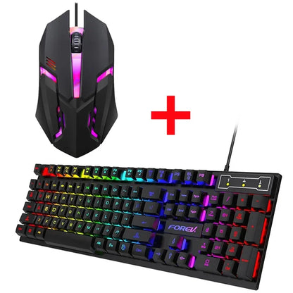 Kit Teclado Mecânico Gamer 104 Teclas Retroiluminado Rainbow e Mouse Com Fio – À Prova de Respingos