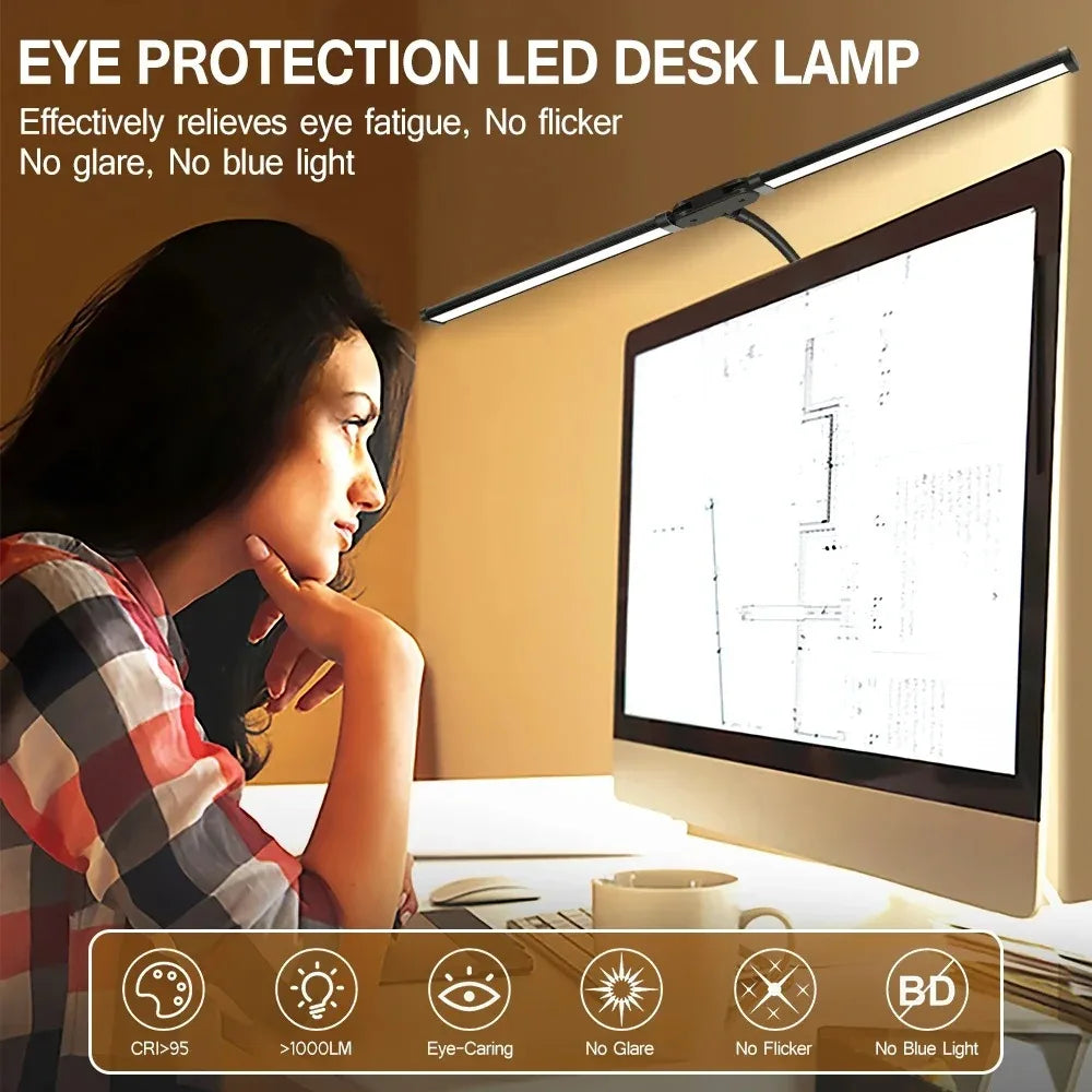 Luminária de Mesa LED Articulada Dupla LINYILIGHT – Lâmpada de Monitor USB com Ajuste de Ângulo de 360°, 5 Modos de Cor, Dimerizável e Proteção Ocular para Escritório