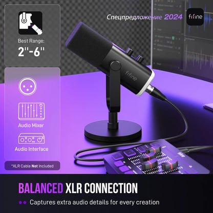 Microfone Dinâmico USB/XLR FIFINE AmpliGame AM8 – Microfone de Mesa com Controle RGB, Botão Touch-Mute, Saída para Fone e Suporte Integrado para Games, Streaming e Podcasts