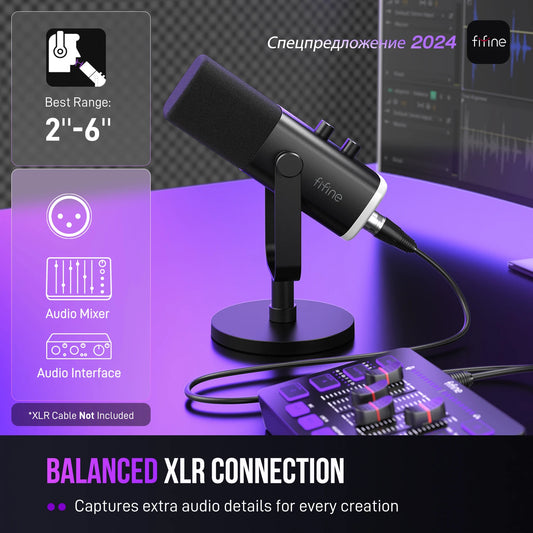 Microfone Dinâmico USB/XLR FIFINE AmpliGame AM8 – Microfone de Mesa com Controle RGB, Botão Touch-Mute, Saída para Fone e Suporte Integrado para Games, Streaming e Podcasts