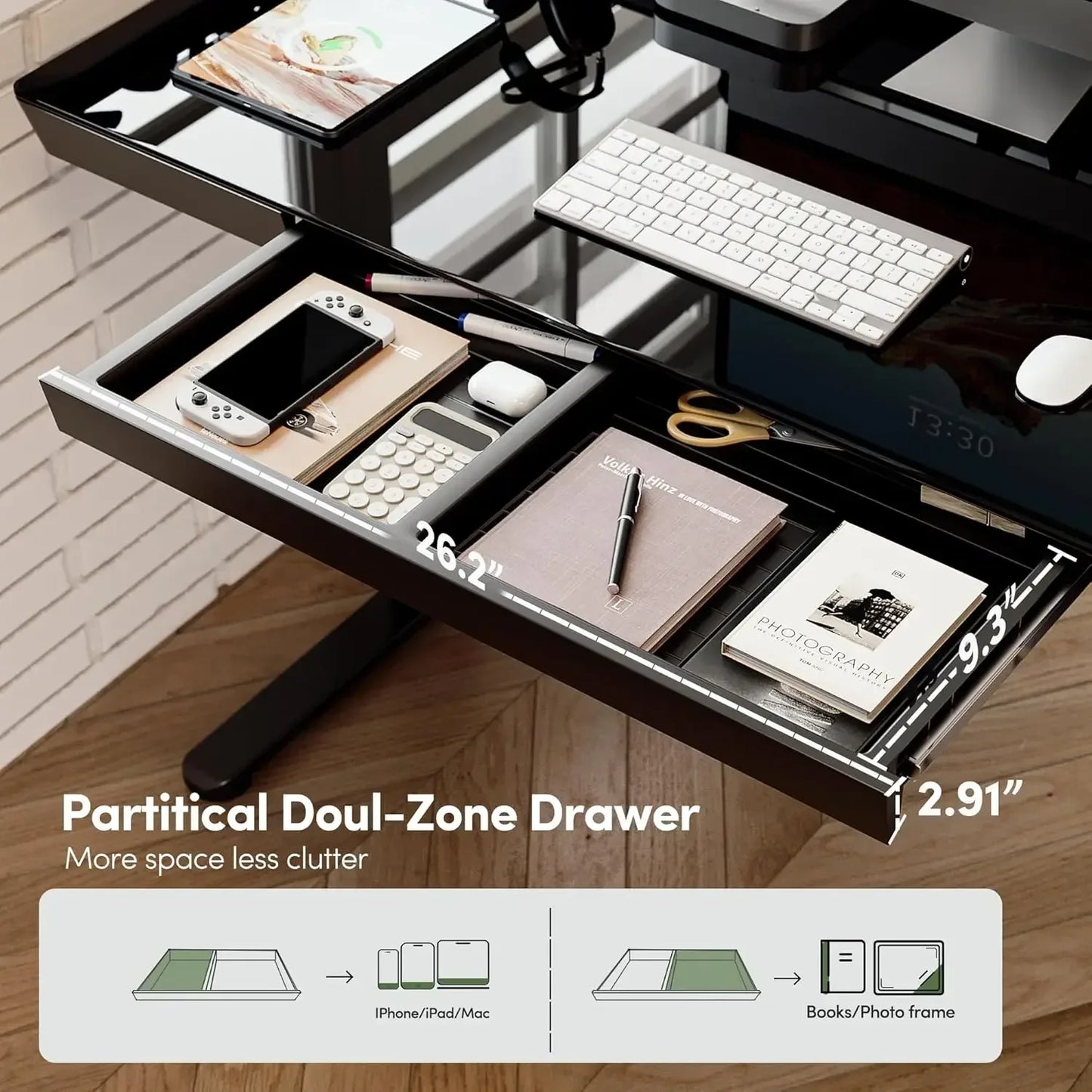 Mesa Ergonômica Elevatória Elétrica com Tampo de Vidro Inteiriço de 55" e Gavetas Integradas