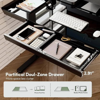Mesa Ergonômica Elevatória Elétrica com Tampo de Vidro Inteiriço de 55" e Gavetas Integradas