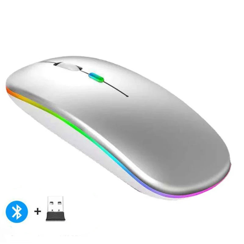 Mouse Sem Fio Recarregável Dual Mode (Bluetooth 5.2 + 2.4GHz) – Clique Silencioso e LED