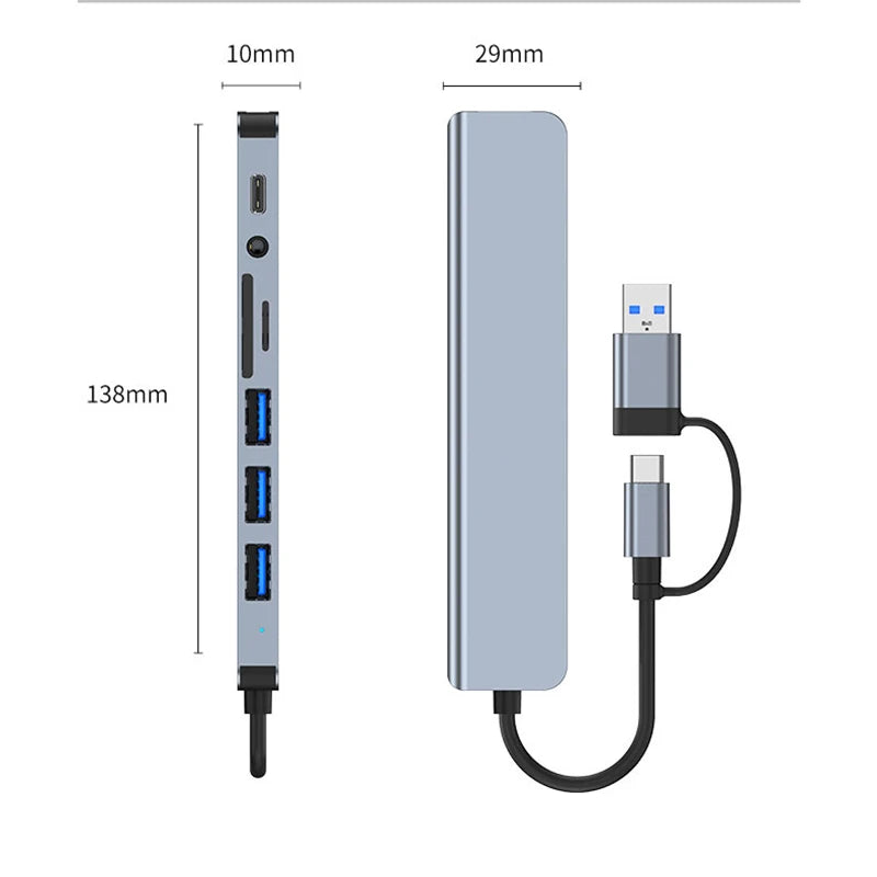 Hub Docking Station 8 em 2 USB + Type-C com Entrada de Áudio 3.5mm e Leitor de Cartão