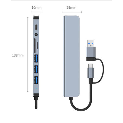 Hub Docking Station 8 em 2 USB + Type-C com Entrada de Áudio 3.5mm e Leitor de Cartão