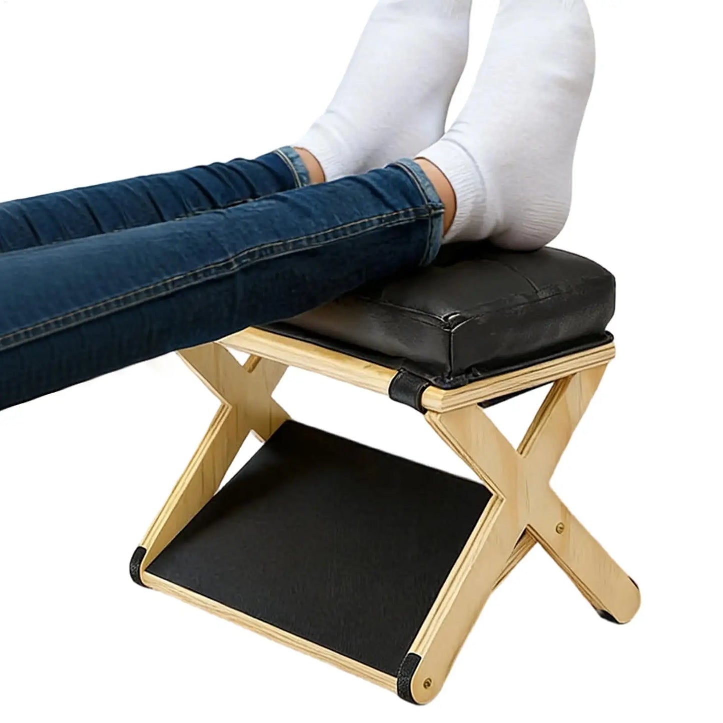 Apoio de Pés Ergonômico de Dupla Camada em Madeira com Topo Estofado e Rampa Antiderrapante