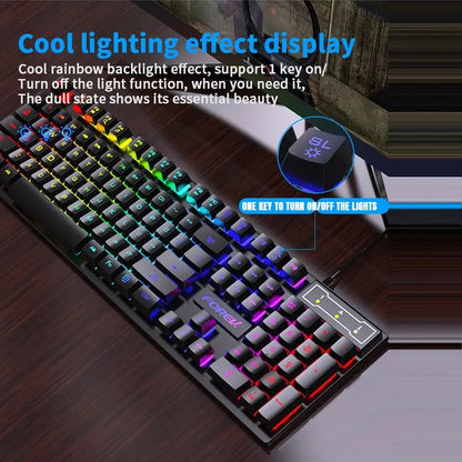 Kit Teclado Mecânico Gamer 104 Teclas Retroiluminado Rainbow e Mouse Com Fio – À Prova de Respingos