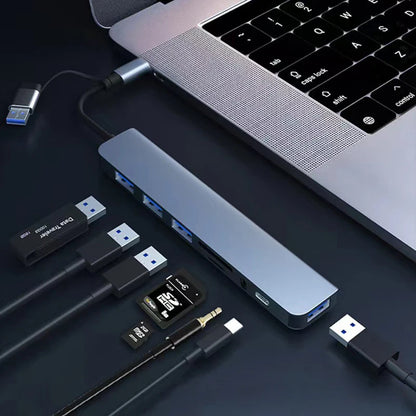 Hub Docking Station 8 em 2 USB + Type-C com Entrada de Áudio 3.5mm e Leitor de Cartão