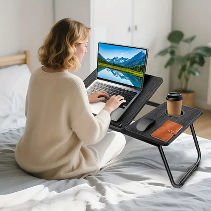 Mesa de Colo Multi-Funcional com Suporte para Copo SCSTARTX – Bandeja Dobrável Portátil, Tampo de Madeira com Ajuste de Altura e Estrutura de Ferro para Laptop