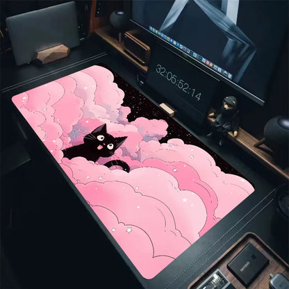 Tapete de teclado Black Cat Clouds com entrega rápida, trava de borda, extenso, kawaii, rosa e roxo, para proteção de mesa de escritório, tamanho XXL.