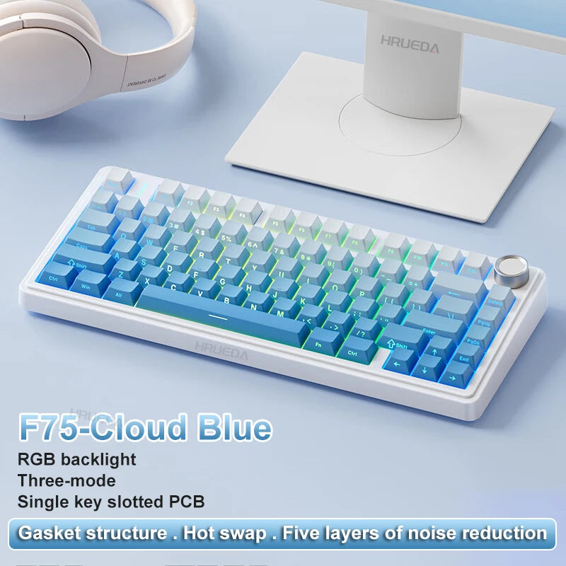 Teclado Mecânico Gamer AULA F75 75% RGB Tri-Mode 2.4G Bluetooth USB