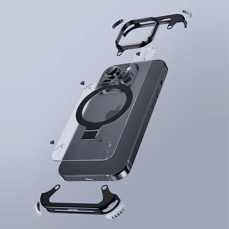Capa Magnética Sem Bordas com Suporte em Liga de Alumínio para iPhone