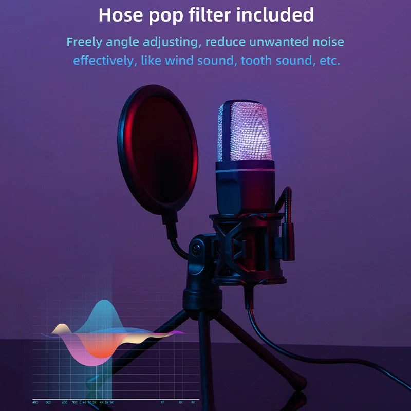 Microfone Condensador USB RGB YTYIN – Microfone de Mesa com Redução de Ruído para Streaming, Podcasts, Gravação em Estúdio, PC e Notebook