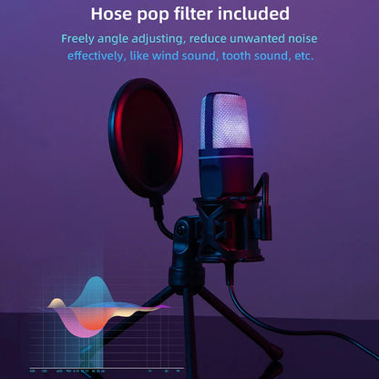 Microfone Condensador USB RGB YTYIN – Microfone de Mesa com Redução de Ruído para Streaming, Podcasts, Gravação em Estúdio, PC e Notebook