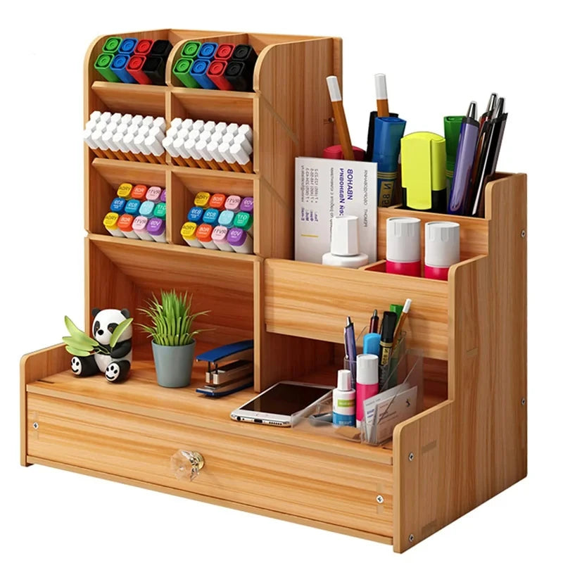 Organizador de Mesa em Madeira Modular DIY com Porta-Canetas e Gaveta Integrada
