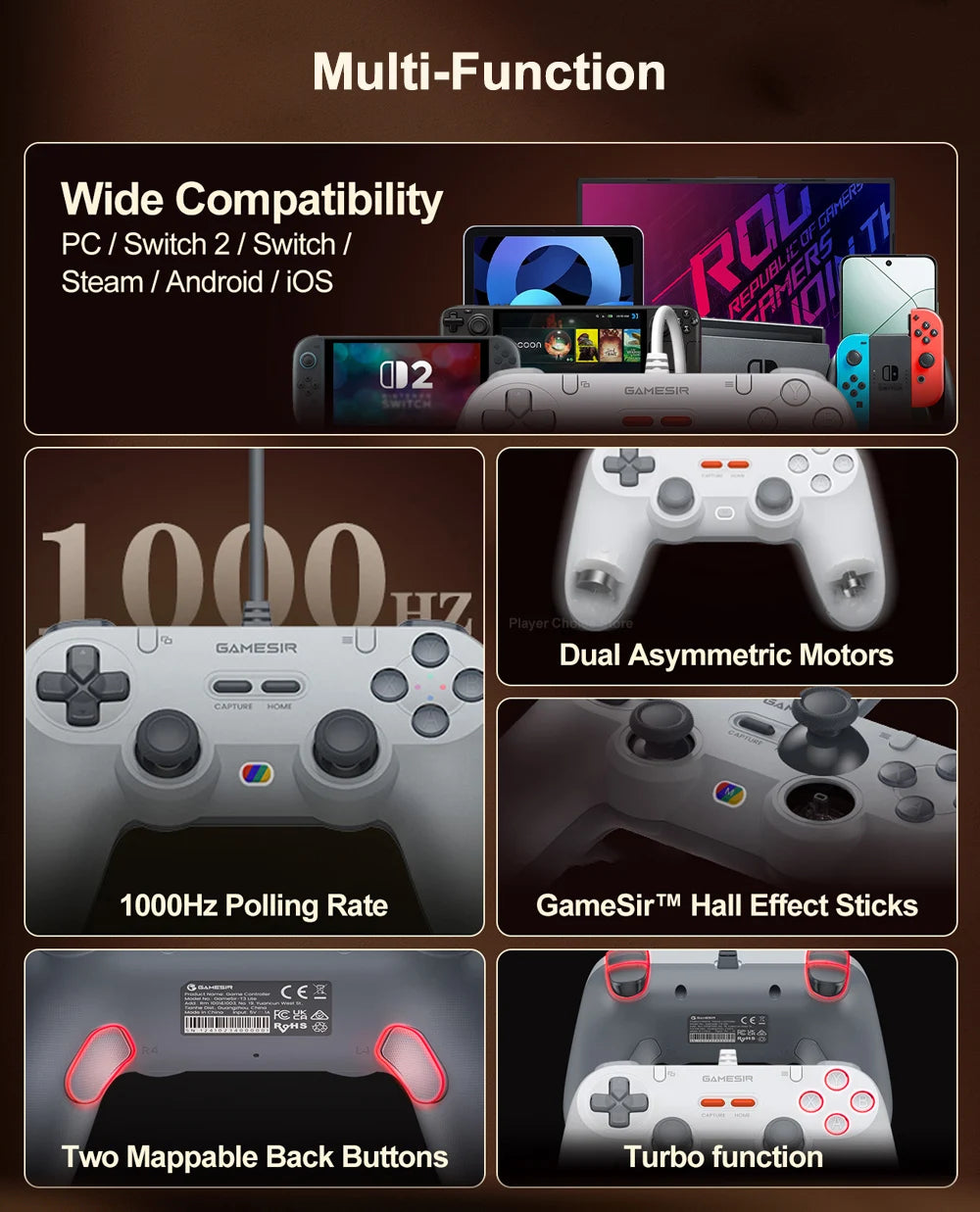 Controle Gamer GameSir Tegenaria Lite com Hall Effect, 1000Hz e 2 Botões Traseiros
