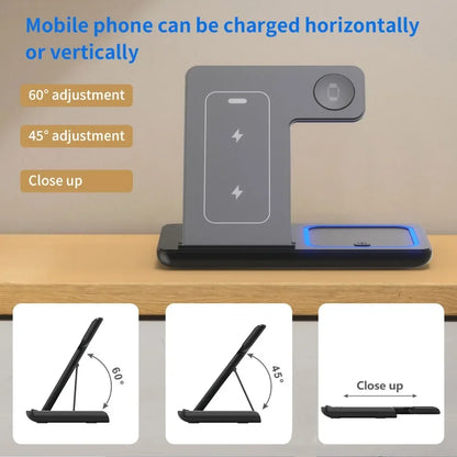 Carregador Sem Fio 3 em 1 Dobrável por Indução – Estação de Carga Rápida 15W para iPhone, Apple Watch e AirPods