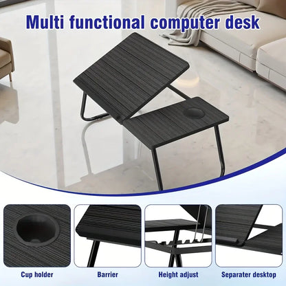 Mesa de Colo Multi-Funcional com Suporte para Copo SCSTARTX – Bandeja Dobrável Portátil, Tampo de Madeira com Ajuste de Altura e Estrutura de Ferro para Laptop
