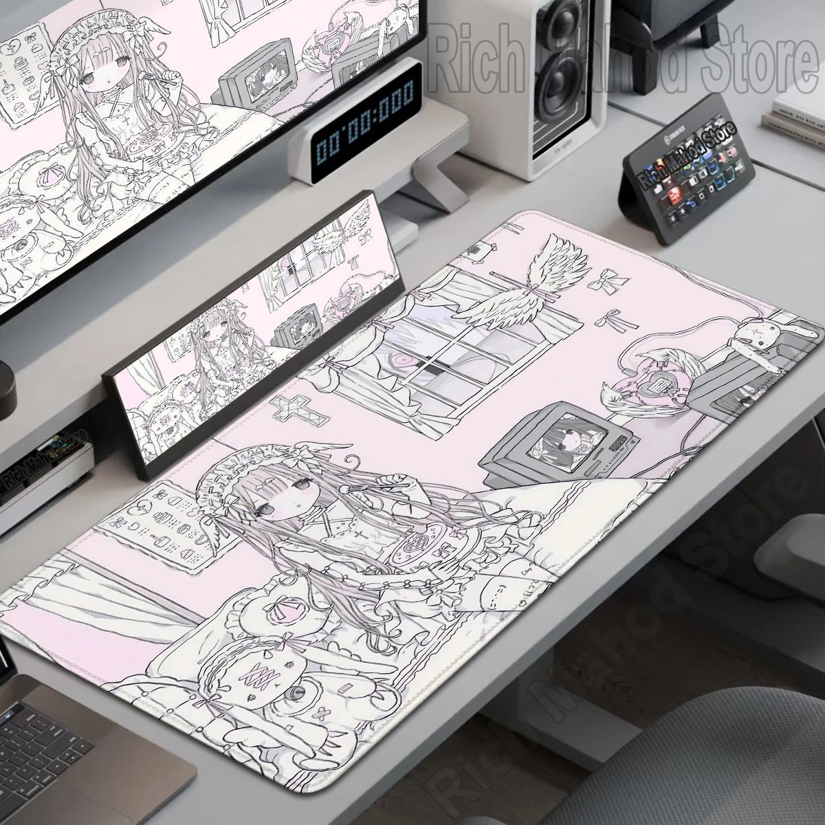 Mouse Pad Gamer Kawaii Anime Angel Girls XXL – Base Antiderrapante Rosa