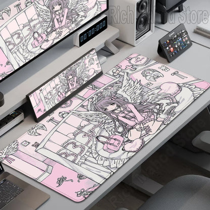 Mouse Pad Gamer Kawaii Anime Angel Girls XXL – Base Antiderrapante Rosa