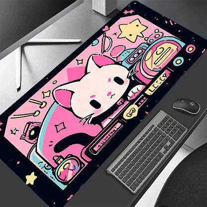 Tapete de teclado Black Cat Clouds com entrega rápida, trava de borda, extenso, kawaii, rosa e roxo, para proteção de mesa de escritório, tamanho XXL.