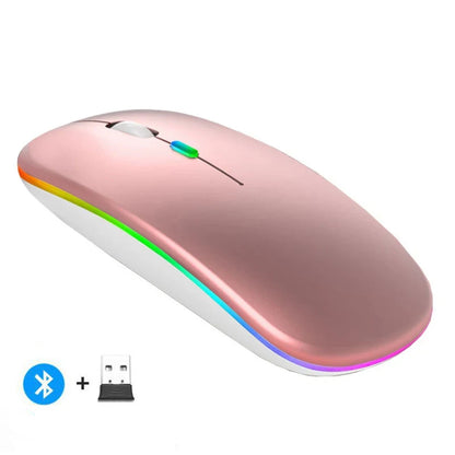 Mouse Sem Fio Recarregável Dual Mode (Bluetooth 5.2 + 2.4GHz) – Clique Silencioso e LED