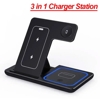 Carregador Sem Fio 3 em 1 Dobrável por Indução – Estação de Carga Rápida 15W para iPhone, Apple Watch e AirPods