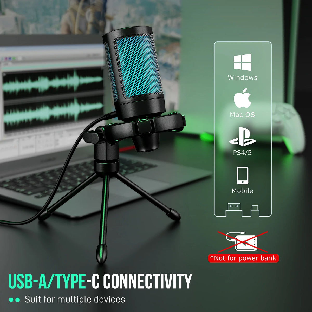 Microfone Gamer FIFINE AmpliGame A2 USB RGB Condensador Cardioide com Mute Touch