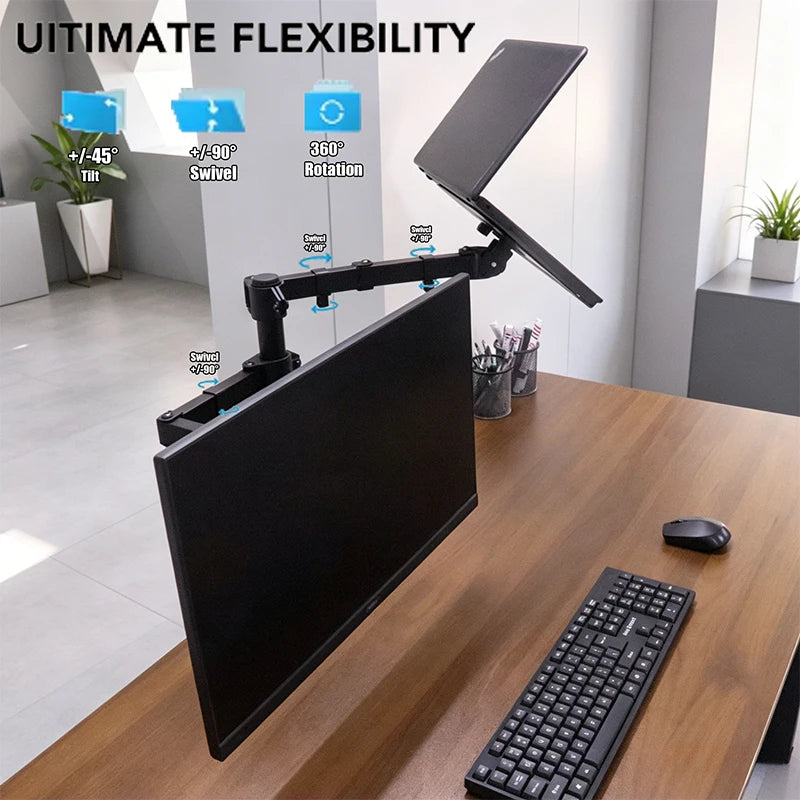 Suporte de Mesa Articulado para 2 Monitores e Notebook – Braço Totalmente Ajustável para Telas até 32" e Laptops até 17"